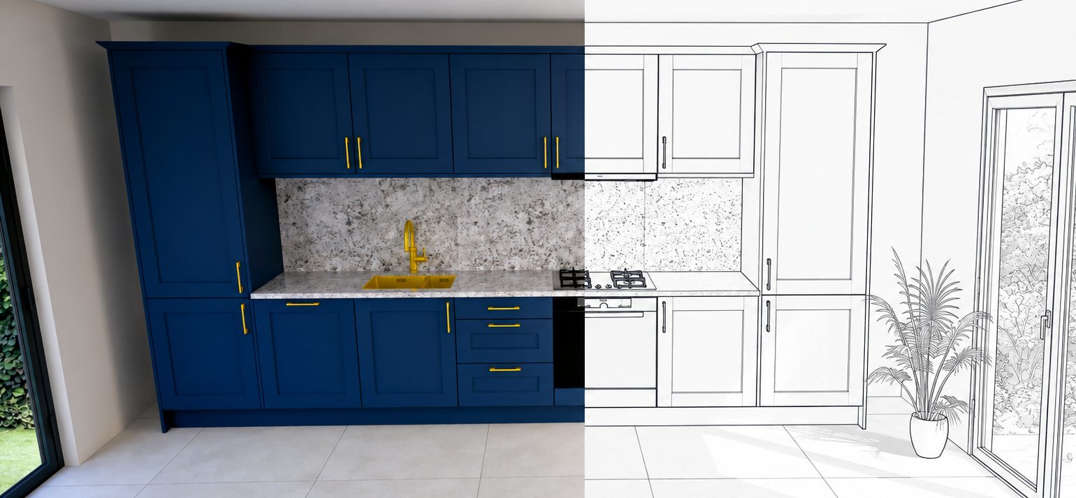 Design visualisation showing a kitchen from 3D concept on the right through to the finished fitted room on the left