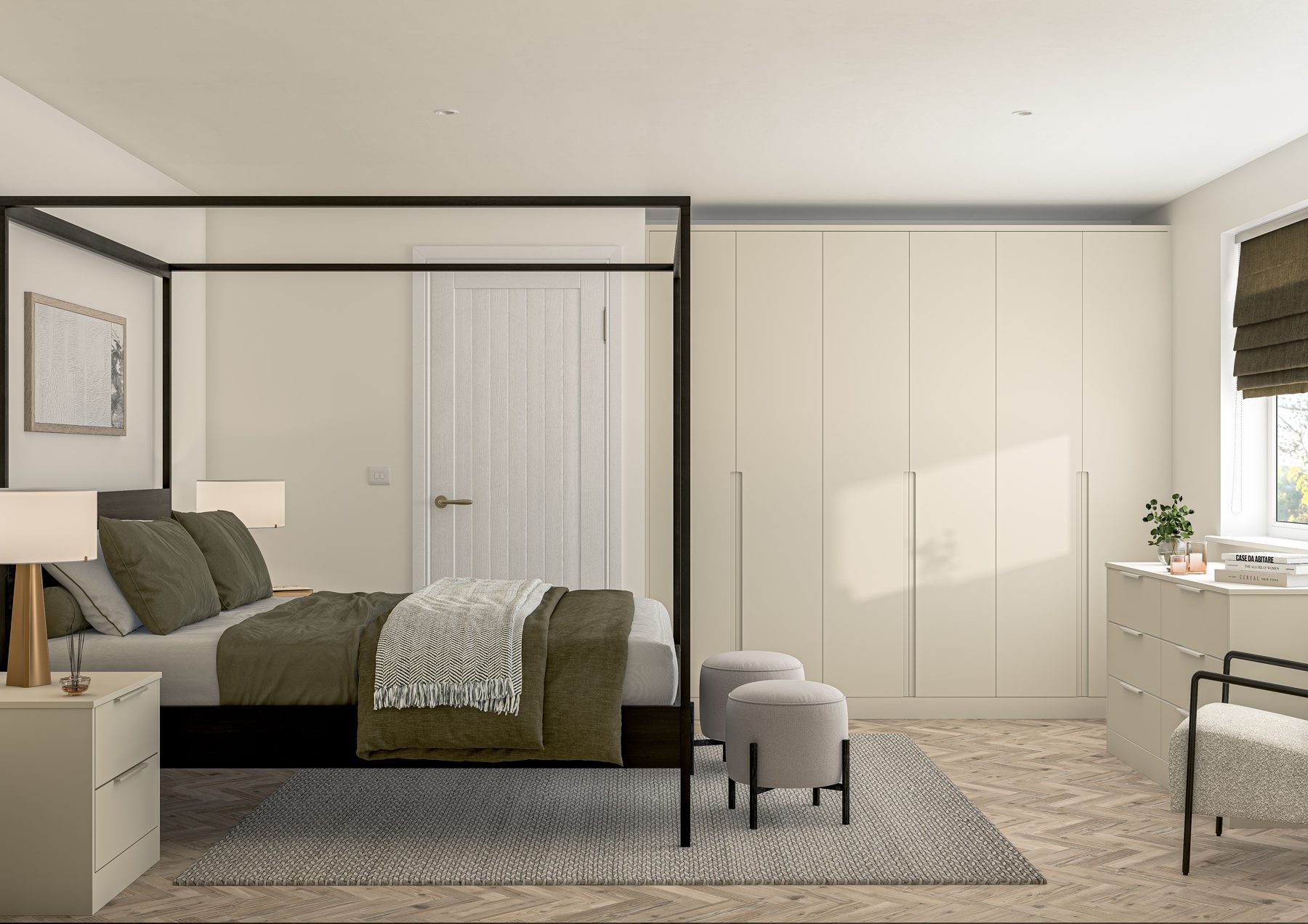 White fitted wardrobes in a bright bedroom