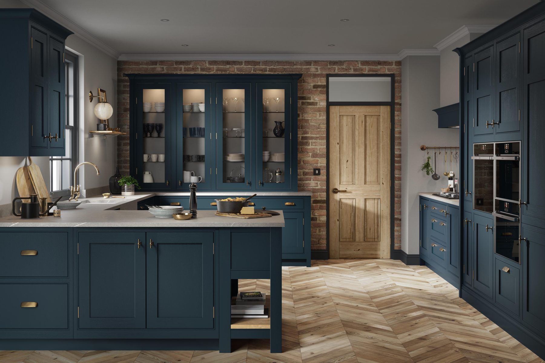Navy in-frame shaker kitchen with island and bar seating